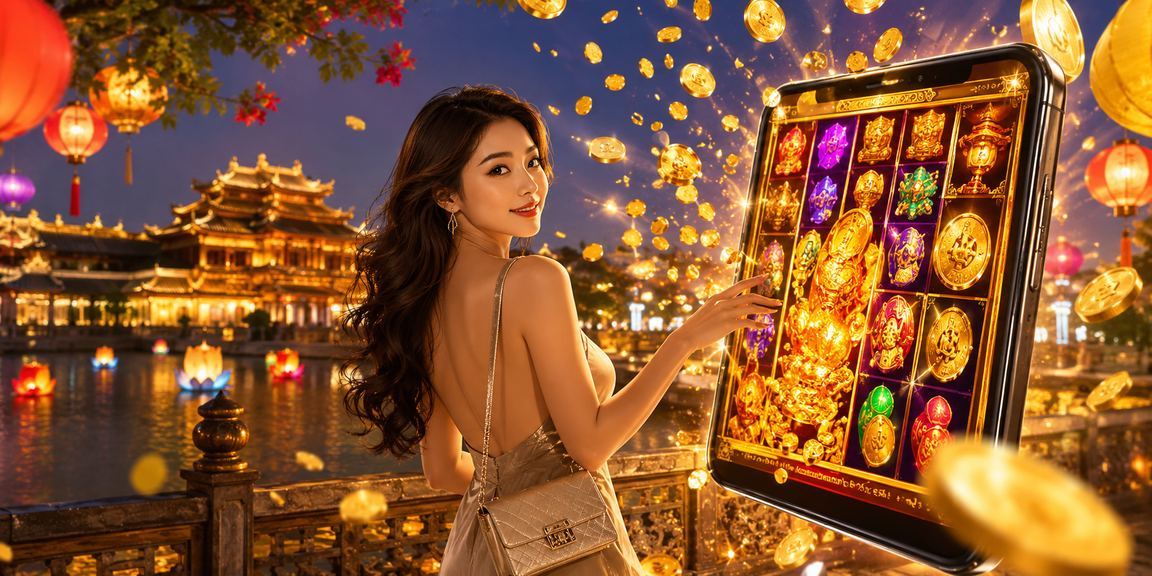 Màn hình slot game hiển thị trên điện thoại với cảnh biển Huế trong nền